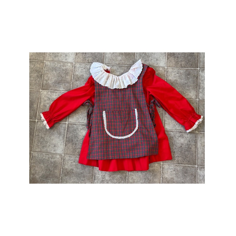 Vintage Handmade Girls‎ Red Dress & Plaid Pinafore Set Eyelet Lace Ruffle Collar